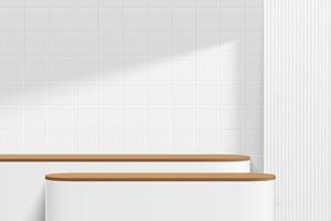 podio de pedestal redondo de madera blanca y marrón 3d abstracto o mesa con escena de pared de azulejos cuadrados blancos. diseño de plataforma geométrica mínima de representación vectorial en la sombra para la presentación de productos