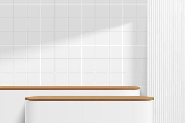 Abstract 3D white and brown wood round pedestal podium or table with white square tile wall scene. Vector rendering minimal geometric platform design in shadow for product display presentation
