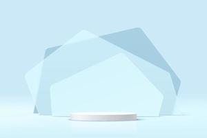 podio de pedestal de cilindro blanco 3d abstracto con fondo de capas de forma geométrica de vidrio azul transparente. plataforma de representación vectorial con escena de pared mínima azul pastel para la presentación de productos. vector