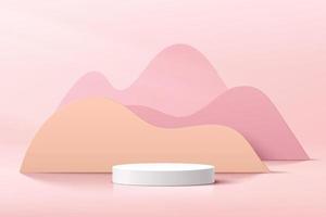 Abstract 3D white cylinder pedestal podium with pastel curve geometric layers backdrop. Light pink minimal wall scene. Modern vector rendering geometric platform for product display presentation.