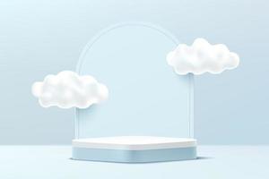 Abstract 3D light blue and white round corner pedestal podium with cloud sky and geometric backdrop. Vector rendering geometric platform for product presentation. Pastel blue minimal wall scene.