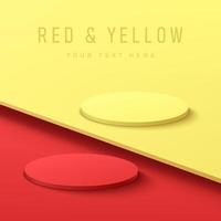 Abstract 3D red and yellow cylinder pedestal podium on red and yellow contrast background with copy space. Vector rendering minimal geometric platform design for cosmetic product display presentation.