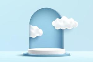 Abstract 3D light blue and white cylinder pedestal podium with clouds inside the window on the wall. Pastel blue minimal scene. Modern vector rendering geometric platform for product presentation.