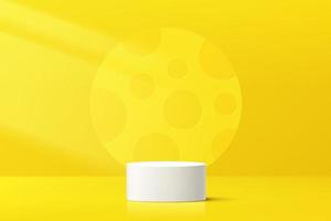 Abstract 3D white cylinder pedestal podium with yellow circle shape backdrop in dot texture. Pastel yellow minimal wall scene for product display presentation. Vector rendering geometric platform.