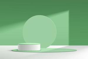 Abstract 3D white and green cylinder pedestal podium with  circle backdrop. Pastel green minimal wall scene for cosmetic product display presentation. Vector rendering geometric platform design.