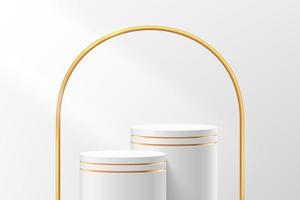 Abstract 3D white and gold cylinder pedestal or stand podium with golden arches backdrop. Luxury white minimal wall scene for product display presentation. Vector geometric rendering platform design.