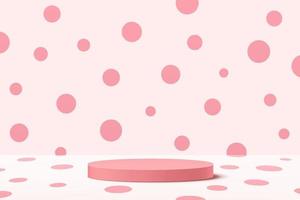 Abstract 3D sweet pink cylinder pedestal podium with pastel pink polka dot wall scene on white room. Vector rendering minimal geometric platform design for valentine product display presentation.