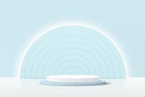 Abstract 3D white, blue cylinder pedestal podium with glowing light blue semi circle backdrop. Pastel blue minimal wall scene for product display presentation. Vector geometric rendering platform.