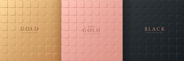 Set of abstract 3D luxury gradient golden, Pink gold and Black square pattern background. Seamless geometric tile collection. Can use for cover, poster, banner web, flyer, Print ad. Vector EPS10