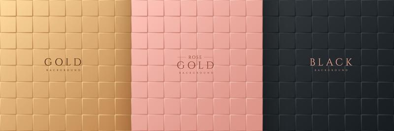 Set of abstract 3D luxury gradient golden, Pink gold and Black square pattern background. Seamless geometric tile collection. Can use for cover, poster, banner web, flyer, Print ad. Vector EPS10