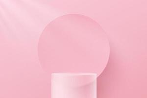 Transparent glass cylinder pedestal podium. Sweet pink minimal wall scene and circular shape backdrop with shadow. Vector rendering 3d shape for product display presentation. Abstract room concept.