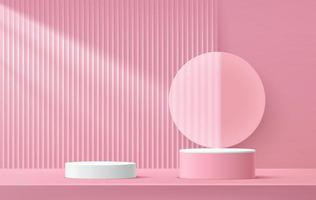 White and pink cylinder pedestal podium, Pink wall scene with transparent glass circle backdrop. Vertical line texture. Vector rendering 3d shape, Product display presentation. Abstract room design.