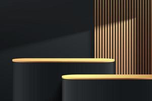 Abstract 3D black, gold round pedestal podium with golden vertical stripes and shadow. Luxury dark minimal wall scene. Modern vector rendering geometric platform for product display presentation.