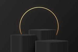 Abstract 3D black steps round corner cube pedestal or stand podium with glowing golden ring backdrop. Dark minimal wall scene for product display presentation. Vector geometric rendering platform.