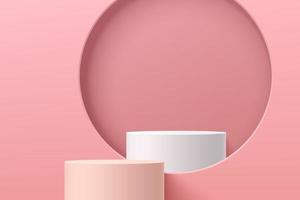 Abstract 3D pink cylinder pedestal or stand podium with white podium in circle window on light pink minimal wall scene. Modern geometric rendering platform for cosmetic product display presentation. vector