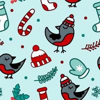 Christmas pattern with a bullfinch hat and a candy cane. The concept of Christmas and New Year. vector