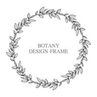 Geometric flower wreath with leaves and branches. Botany round frame isolated on white background. For wedding invitations, postcards, posters, labels of cosmetics and perfumes. vector