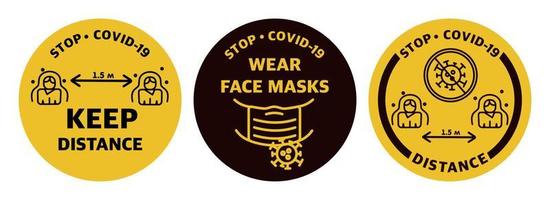 Social distance, keep a distance in society. Posters stickers for shopping malls and public places. Stop the spread of the COVID-19 virus. Vector illustrations.