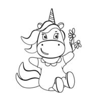 Funny unicorn with daisy flowers coloring book. Cute cartoon pony character in black and white style. For postcards, posters, book illustrations. Vector illustration in doodle style.