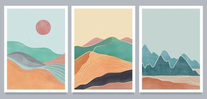 Abstract mountain landscape poster. Abstract contemporary aesthetic backgrounds landscapes set with line art mountain, Sun, Moon, sea, forest. vector illustrations
