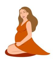 Pregnancy. A modern poster with a cute pregnant woman in a red dress. vector