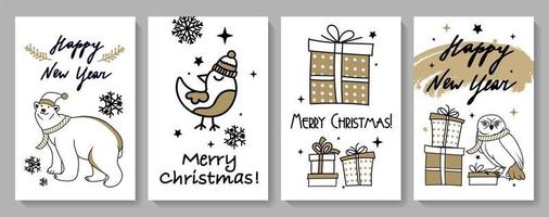 tarjetas navideñas con personajes. en un estilo moderno y color negro y dorado. para tarjetas, pegatinas, adhesivos, estampados para textiles y souvenirs. ilustración vectorial vector