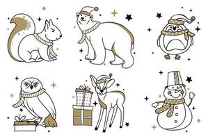 conjunto de personajes navideños. oso, ardilla, búho, venado, pingüino, muñeco de nieve. de moda en color negro y dorado.