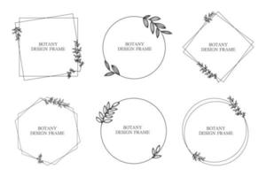 Set geometric flower wreath with leaves and branches. Botany round frame isolated on white background. For wedding invitations, postcards, posters, labels of cosmetics and perfumes.