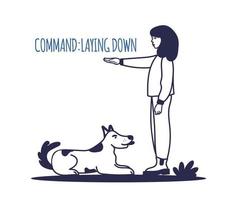 People training their pet dog set. The pet executes the command to lie down. The training process. A simple icon, symbol, sign. Editable vector illustration isolated