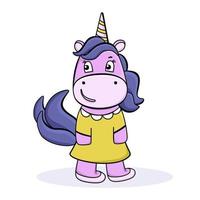 Funny unicorn in a yellow dress. Cute cartoon character. For postcards, posters, book illustrations. Vector illustration in a flat style.