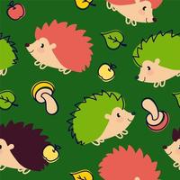 Hedgehog pattern cheerful on a green background For use in printing on fabric postcards, posters. Vector illustration