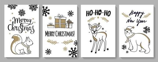 Christmas cards with characters. In a modern style and black and gold color. For cards, stickers, stickers, prints for textiles and souvenirs. vector illustration