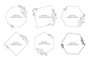 Set geometric flower wreath with leaves and branches. Botany round frame isolated on white background. For wedding invitations, postcards, posters, labels of cosmetics and perfumes. vector