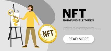 NFT Non-fungible token on golden coin icon. The artist at the virtual painting. Website page template. Flat vector illustration.