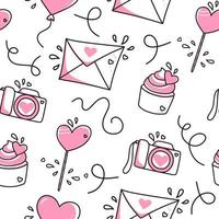 Seamless pattern of cakes valentines lollipops cameras and hearts on a white background. Use on Valentines Day on textiles, wrapping paper, backgrounds, souvenirs. Vector illustration