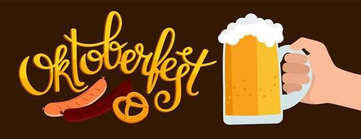 Oktoberfest banner. Handwritten inscription with the image of a beer mug with foam, pretzel and grilled sausage. vector