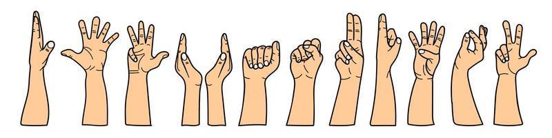 Hands with different gestures set. For use on textiles, packaging paper, souvenirs, printing, posters, postcards. vector