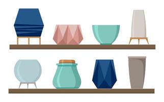 Ceramic tableware on the shelf set. Vector illustration