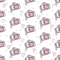 Seamless pattern of cameras and hearts on a white background. Use on Valentines Day on textiles, wrapping paper, backgrounds, souvenirs. Vector illustration