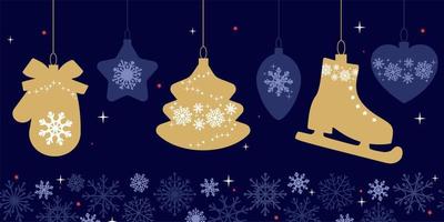 Navidad y Año Nuevo. plantillas de arte universal moderno. tarjetas de felicitación e invitaciones corporativas navideñas. letras doradas sobre un fondo azul oscuro con copos de nieve y juguetes de árboles de Navidad. vector