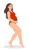 Pregnancy. A modern poster with a cute pregnant woman in a red swimsuit. vector