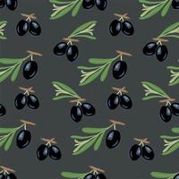 Olives on a branch pattern on a dark green background. For use on textiles, packaging paper, souvenirs, printing, posters, postcards. vector