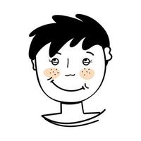 The face of a boy with freckles in the doodle style. Vector illustration. Cheerful thoughtful funny boy.