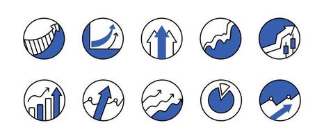 A set of icons for graphs and diagrams in a vector. Analytics and financial symbols are blue. Vector illustration