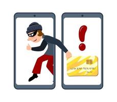 Online fraud. A criminal, a robber in a black mask steal personal information from a computer. The concept of internet activity or security hacking. Cartoon vector illustration.