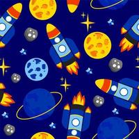 Rocket pattern with a planet stars and asteroids on a dark blue background. A spaceship. For use in printing on fabric postcards, posters. Vector illustration