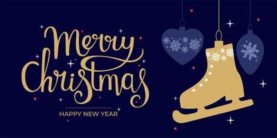 Christmas and New Year. Modern universal art templates. Christmas corporate greeting cards and invitations. Golden lettering on a dark blue background with snowflakes and Christmas tree toys. vector