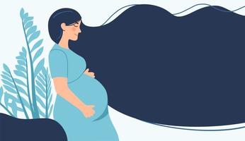 el embarazo. un afiche moderno con una linda mujer embarazada con el pelo largo y un lugar para el texto.