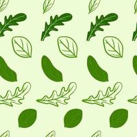 Arugula and basil leaves pattern on a light green background. For use on textiles, packaging paper, souvenirs, printing, posters, postcards. vector