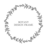 Geometric flower wreath with leaves and branches. Botany round frame isolated on white background. For wedding invitations, postcards, posters, labels of cosmetics and perfumes. vector